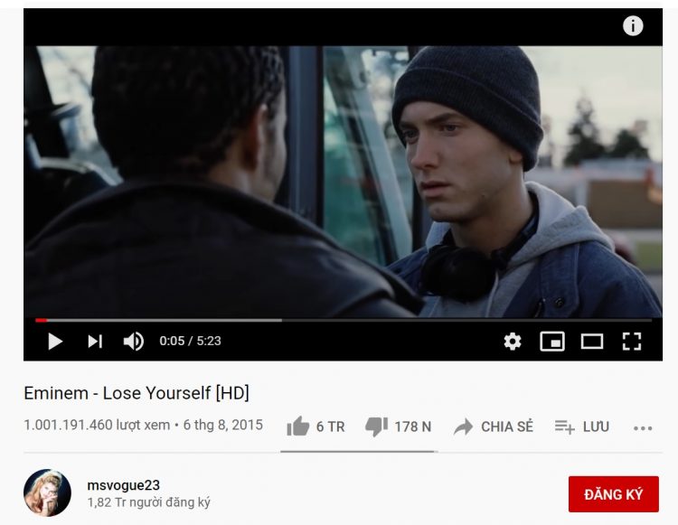 Thành tựu 1 tỷ view của Lose Yourself trên Youtube